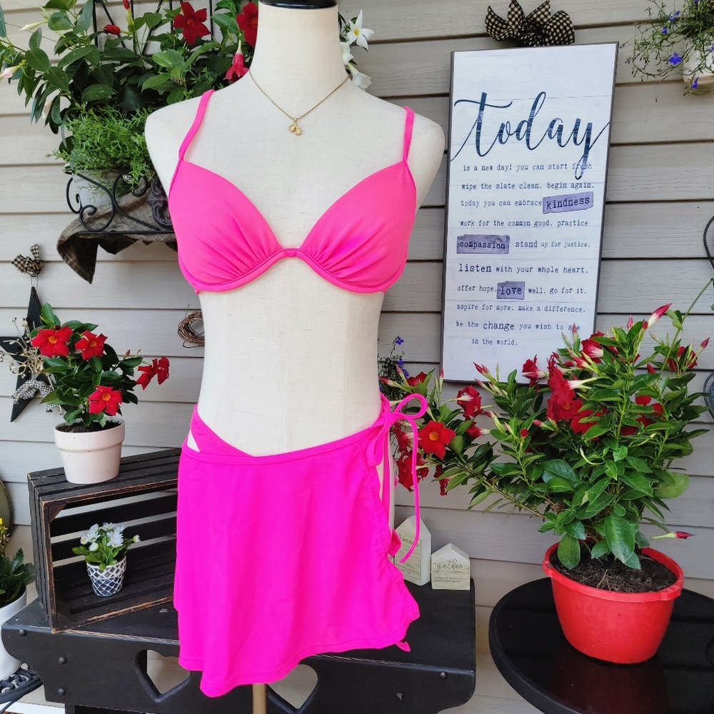 MALIBU SEPARATES ♡ Sweet Bright Pink 4pc Bikini|Thong|Skirt Swimsuit Set M | S